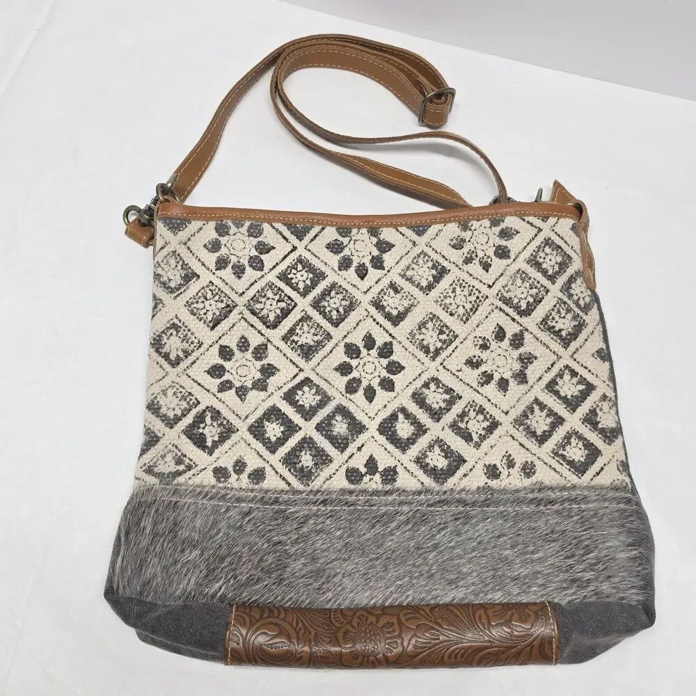 MYRA Bag Tapestry Cotton Calf Hair Tooled Leather Distressed Crossbody Western